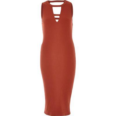 River Island Womens Rust Ribbed Cut-out Midi Dress