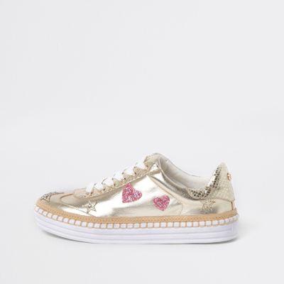 River Island Womens Gold Metallic Star Chunky Espadrille Trainers