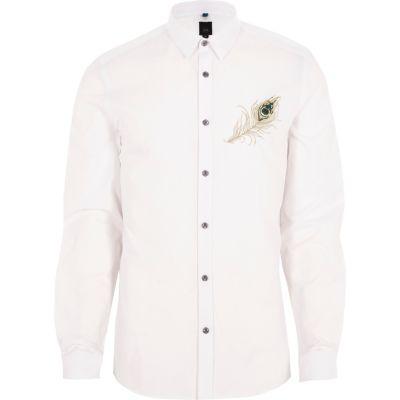 River Island Mens White Peacock Embroidered Slim Fit Shirt