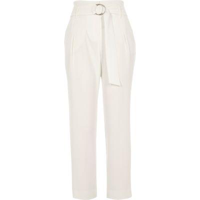 River Island Womens White High Waisted Ring Belt Tapered Trousers