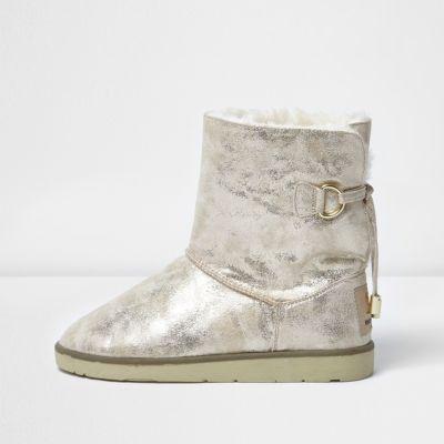River Island Womens Gold Suede Faux Fur Trim Slipper Boots
