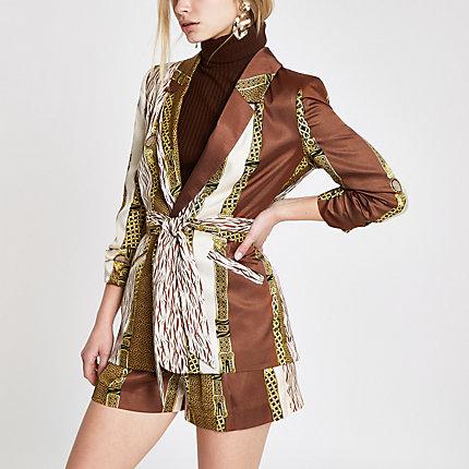 River Island Womens Mixed Print Belted Ruched Blazer