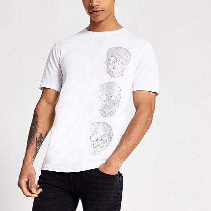 River Island Mens White Slim Fit Rhinestone Skull T-shirt