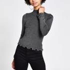 River Island Womens Silver Long Sleeve Frill Trim Fitted Knit Top