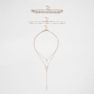 River Island Womens Gold Tone Diamante Multi Row Choker Set
