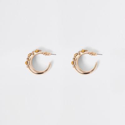 River Island Womens Gold Tone Rhinestone Mini Hoop Earrings