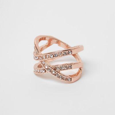 River Island Womens Rose Gold Tone Rhinestone Encrusted Cross Ring