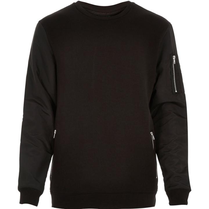 River Island Mensblack Zip Nylon Sleeve Sweatshirt