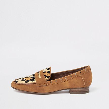 River Island Womens Suede Leopard Print Studded Loafers