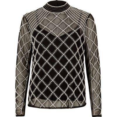 River Island Womens Mesh Pearl Embellished High Neck Top