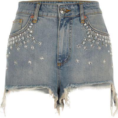 River Island Womens Embellished High Waisted Denim Shorts