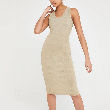 River Island Womens Metallic Gold Knitted Midi Dress
