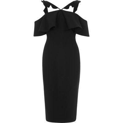 River Island Womens Frill Cross Neck Bodycon Midi Dress
