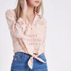 River Island Womens Petite Broderie Knot Front Cropped Shirt
