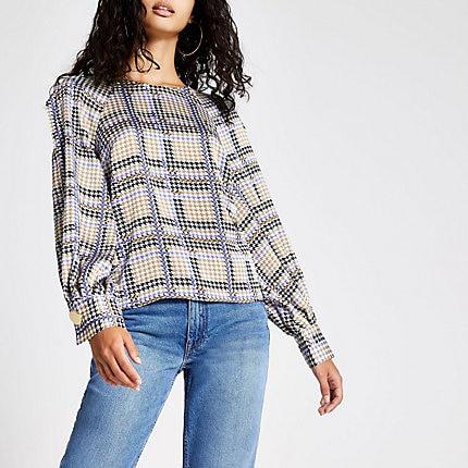 River Island Womens Check Long Split Sleeve Top