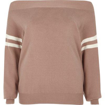 River Island Womens Stripe Sleeve Bardot Knit Jumper
