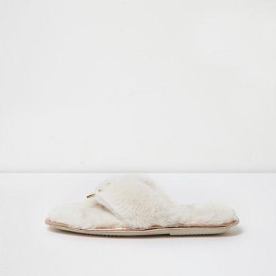 River Island Womens Faux Fur Bow Front Flip Flop Slippers