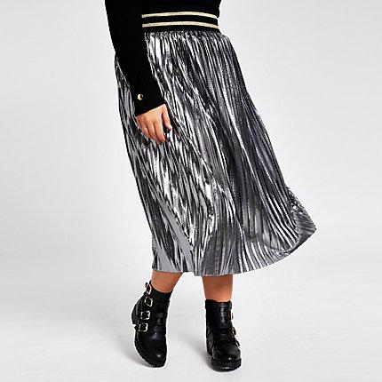 River Island Womens Plus Silver Metallic Pleated Midi Skirt
