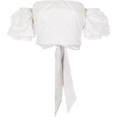 River Island Womens White Puff Sleeve Tie Back Bardot Crop Top