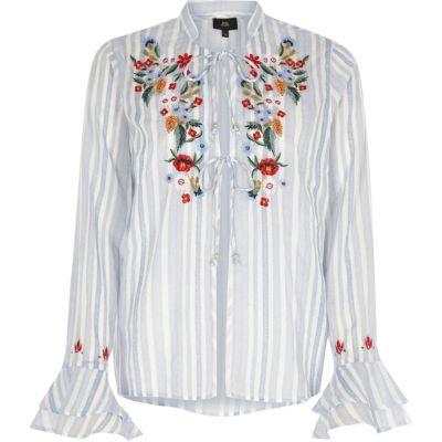 River Island Womens Stripe Embroidered Frill Pajama Top