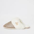 River Island Womens Gold Diamante Faux Fur Mule Slippers