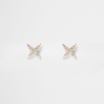 River Island Womens Gold Tone Rhinestone Cross Stud Earrings