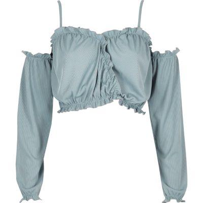 River Island Womens Ruffle Long Sleeve Bardot Crop Top