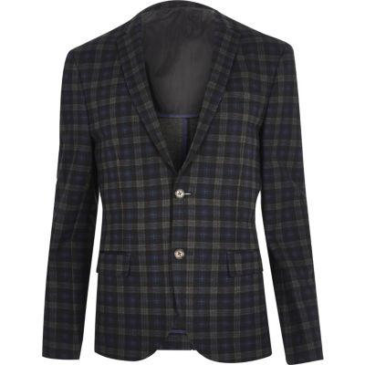 River Island Mensblue Checked Skinny Cropped Blazer