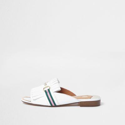 River Island Womens White Snaffle Fringe Backless Peep Toe Loafer