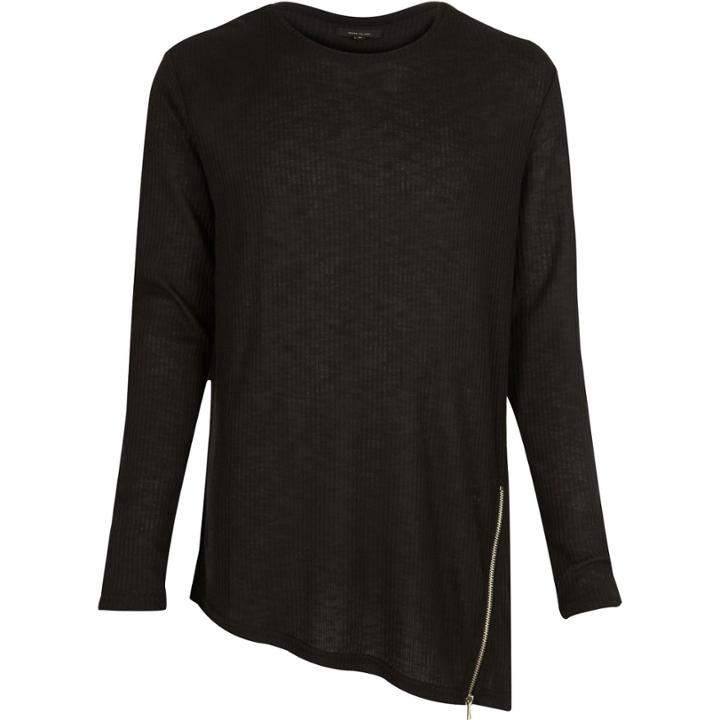 River Island Mensblack Ribbed Zip Asymmetric Top