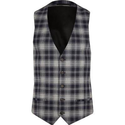 River Island Mensblue Check Suit Waistcoat