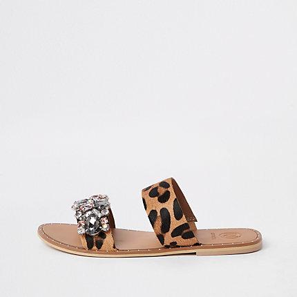River Island Womens Leather Leopard Print Gem Flat Mules