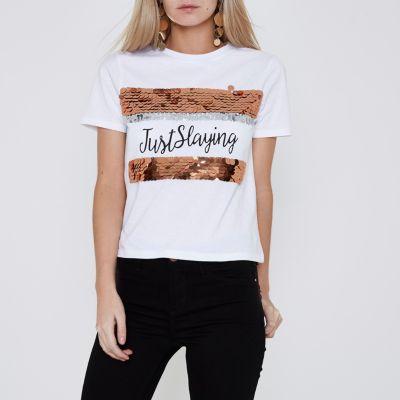 River Island Womens Petite White 'just Slaying' Sequin T-shirt