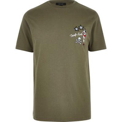 River Island Menskhaki 'tough Luck' Badge T-shirt
