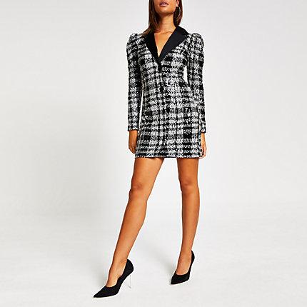 River Island Womens Check Sequin Long Sleeve Tux Dress
