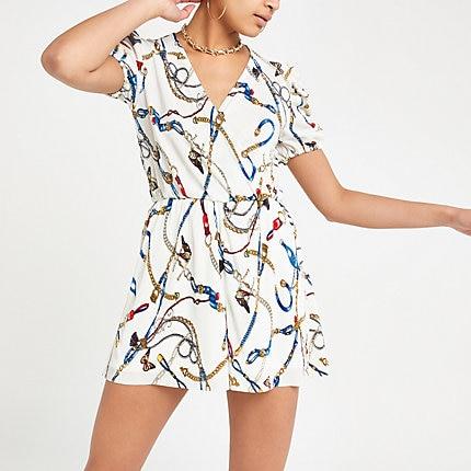 River Island Womens White Chain Print Plisse Wrap Front Playsuit