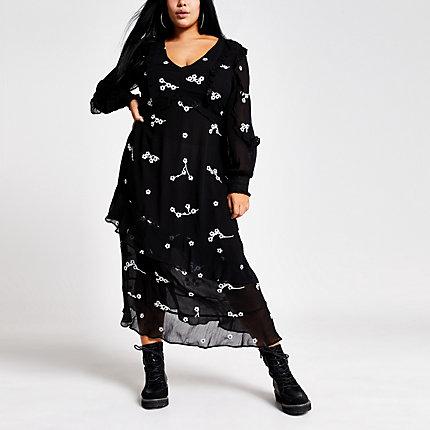 River Island Womens Plus Daisy Embroidered Frill Midi Dress