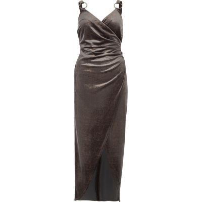 River Island Womens Silver Velvet Ruched Wrap Dress