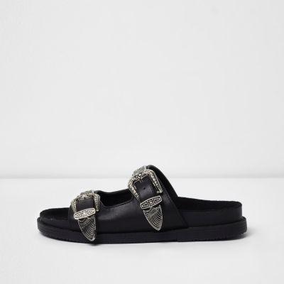 River Island Womens Double Western Buckle Sliders