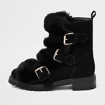 River Island Womens Faux Fur Buckle Chunky Boots