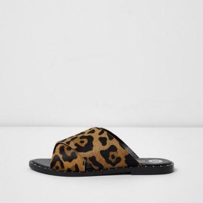River Island Womens Leopard Print Cross Strap Studded Mules