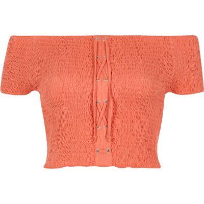 River Island Womens Lace-up Shirred Bardot Crop Top