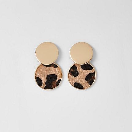 River Island Womens Gold Color Leopard Circle Drop Earrings