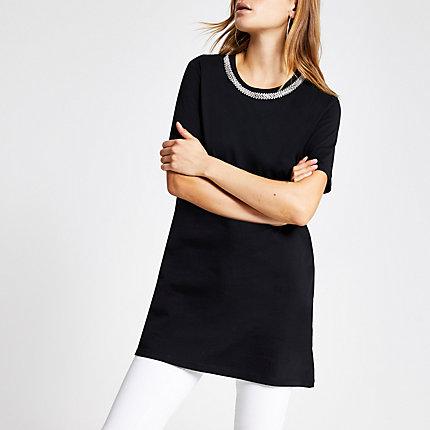 River Island Womens Embellished Longline T-shirt