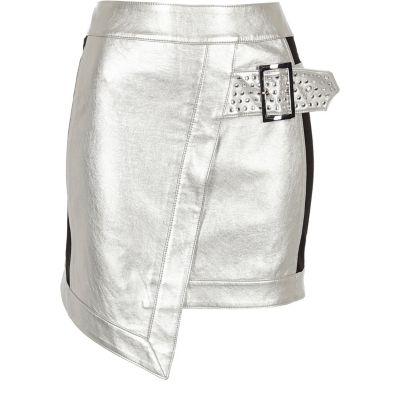 River Island Womens Silver Faux Leather Studded Wrap Mini Skirt