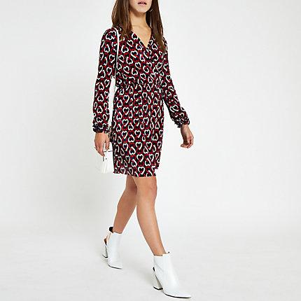 River Island Womens Petite Plisse Geo Heart Print Tea Dress
