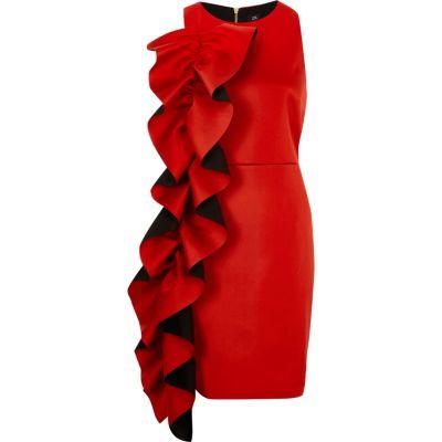 River Island Womens Side Frill Satin Bodycon Mini Dress