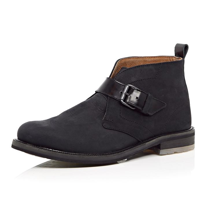 River Island Mensblack Nubuck Leather Monk Strap Boots