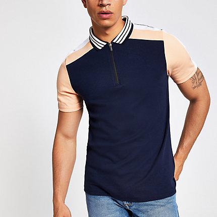 River Island Mens Block Zip Neck Slim Fit Polo Shirt