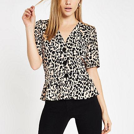River Island Womens Leopard Print Button-up Peplum Hem Top
